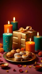 Colorful celebration setup featuring candles, sweets, and decorative elements during a festive occasion