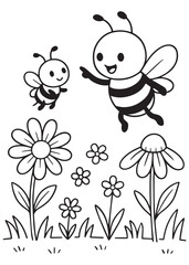 coloring book page bees flying over flowers