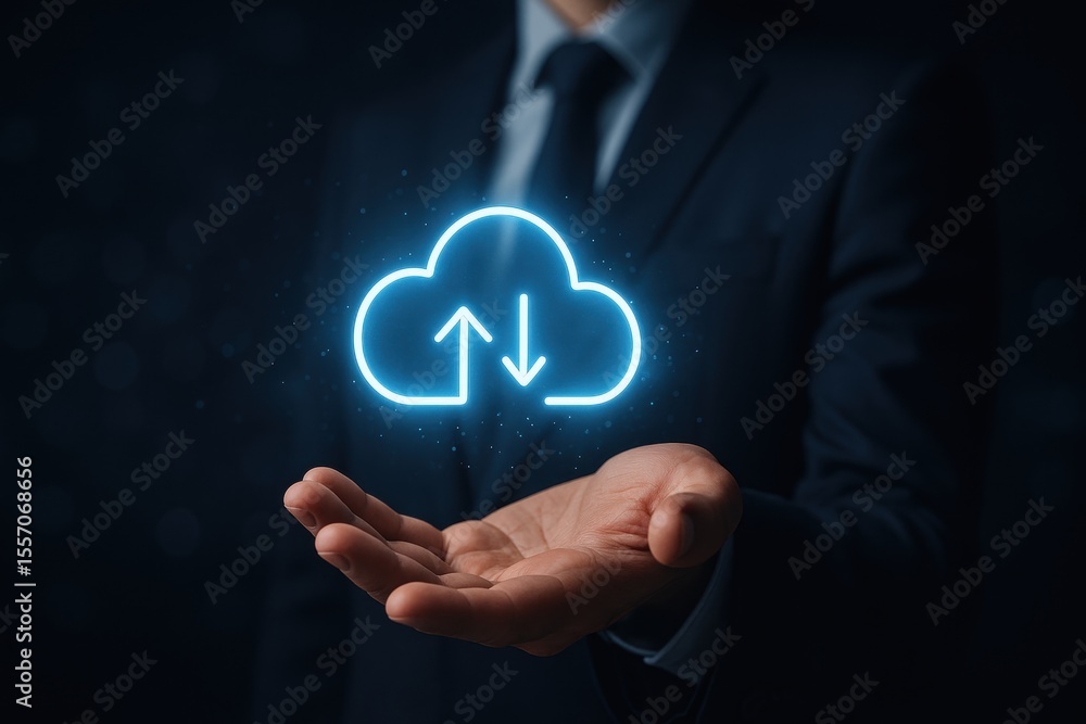Poster cloud computing in hand: a business executive presents the futuristic concept of cloud computing, wi