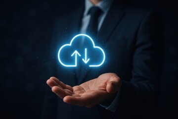 Cloud Computing in Hand: A business executive presents the futuristic concept of cloud computing, with a bright illuminated cloud icon hovering above the outstretched hand.