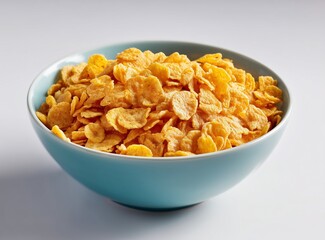 A blue bowl filled with crispy corn flakes cereal on a white surface ready for breakfast time meal