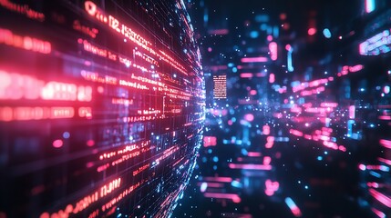Digital data stream, binary code, technology, glowing particles background, website header