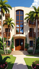 Modern condo entrance with palm trees and garden pathway  