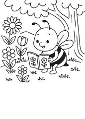 coloring book page bee reading book near flowers