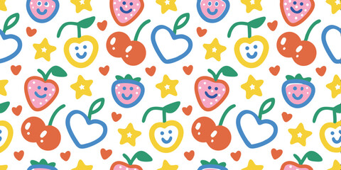 Fototapeta premium Playful Fruit Doodle: A vibrant, cartoonish design showcasing a delightful assortment of cheerful fruit and shapes in a visually appealing array.