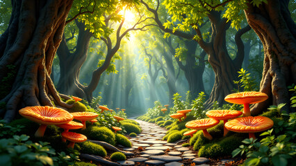Ethereal light beams through a mossy forest path, highlighting textured trees & vibrant mushrooms. Mystical, organic beauty.