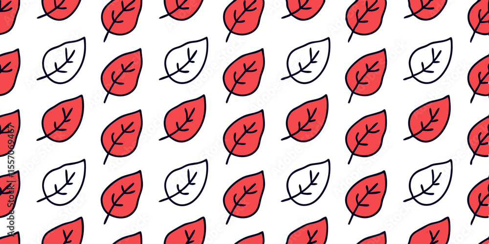 Aufkleber vibrant leafy pattern: an artistic seamless pattern of vivid red and grayscale leaves on a white bac