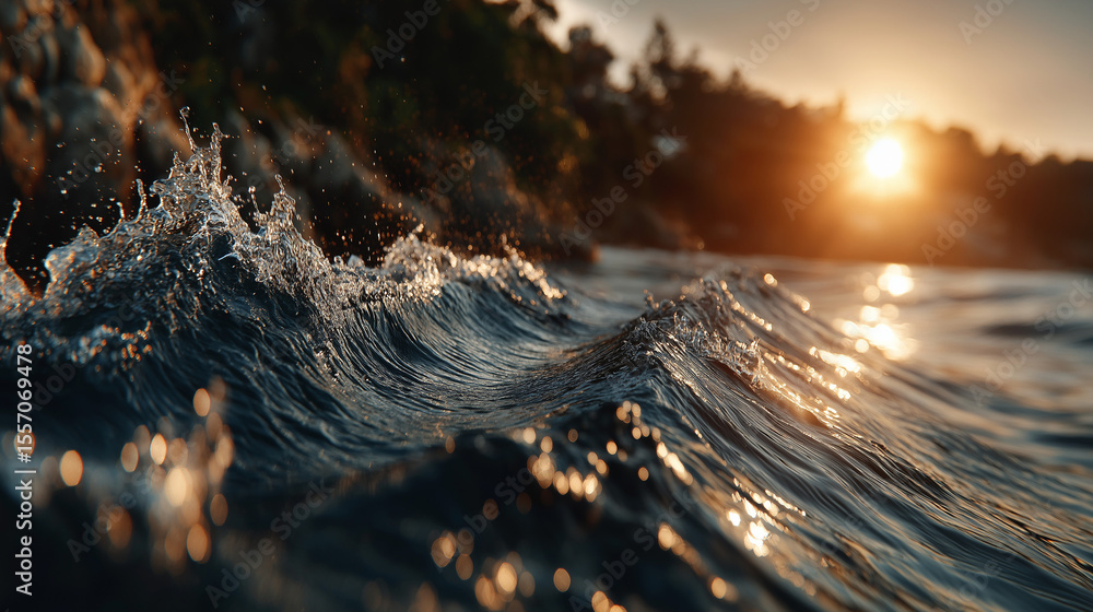 Poster golden hues on rolling waters: a mesmerizing capture of a cresting wave, beautifully illuminated by 