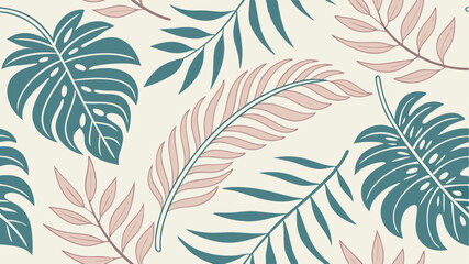 Illustration of a seamless pattern featuring monstera leaves and fern fronds on a light background design
