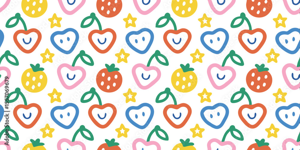 Poster happy fruit pattern: a cheerful and playful seamless pattern featuring smiling cherries and strawber