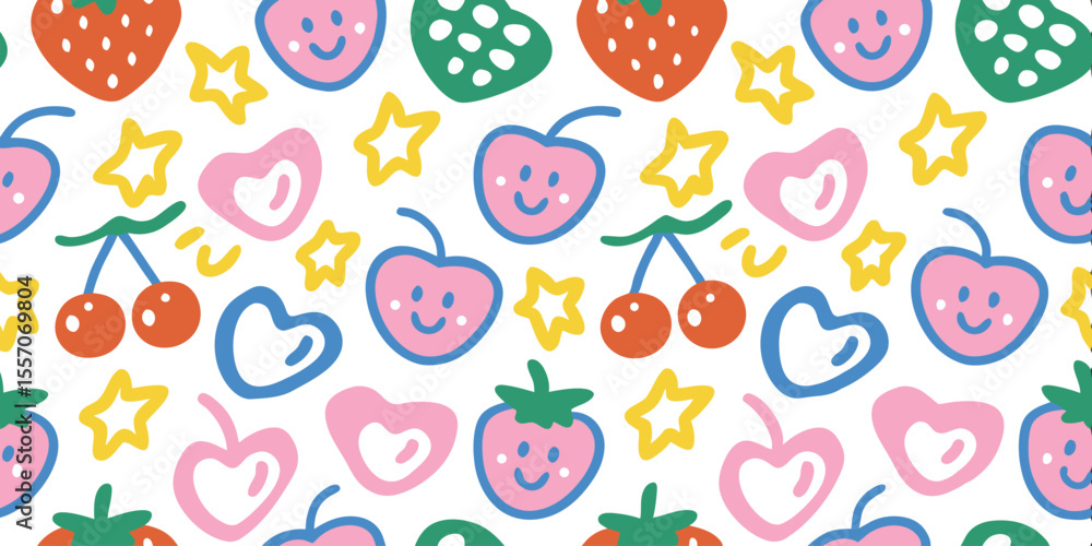 Poster happy fruit pattern: a cheerful seamless pattern featuring smiling strawberries, cherries, and heart