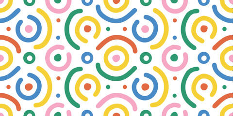 Fototapeta premium Colorful Abstract Pattern: A vibrant and playful seamless pattern featuring a mix of circles, arcs, and lines in cheerful colors. Perfect for adding a touch of fun and energy to any design project.