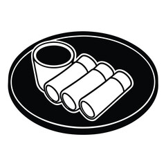Stylized illustration of spring rolls and dipping sauce served on a circular plate