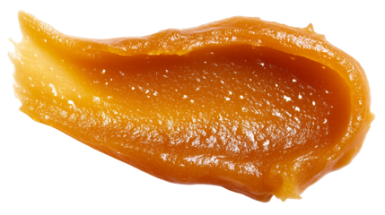 Thick honey-like balm swatch with amber glow and sticky texture effect, top-down view, white background, PNG 