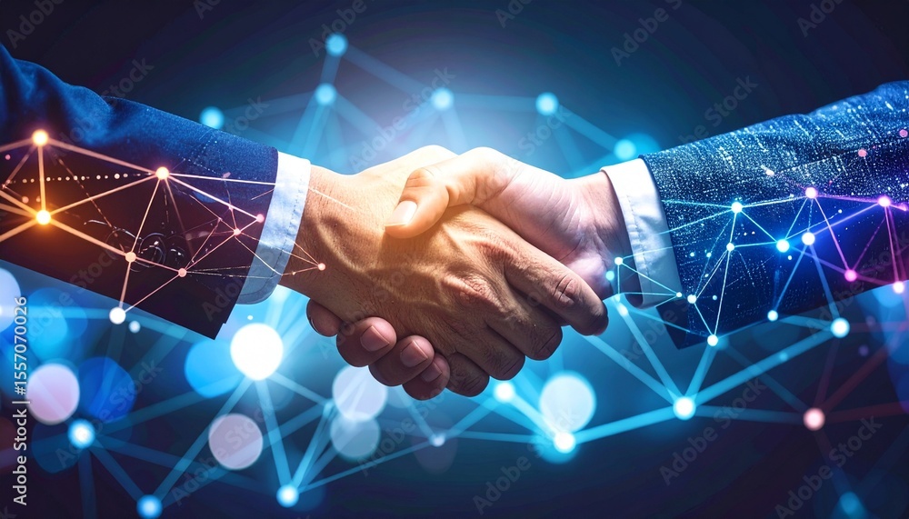 Poster colorful abstract handshakes blending into tech lines and symbols of teamwork and partnership.