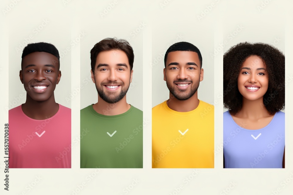 Poster smiling group of diverse individuals showcasing positive emotions with colorful t-shirts in a friend