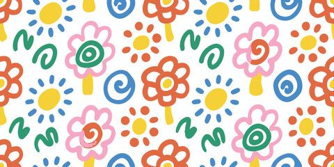 Whimsical Floral Pattern: A playful floral pattern with hand-drawn style flower in bright and cheerful color on a background.