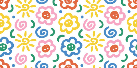 Playful Pattern of Sunshine, Flowers, and Swirls: A vibrant and cheerful pattern featuring a variety of hand-drawn sunshine, flowers, and swirl elements, evoking feelings of joy and positivity.