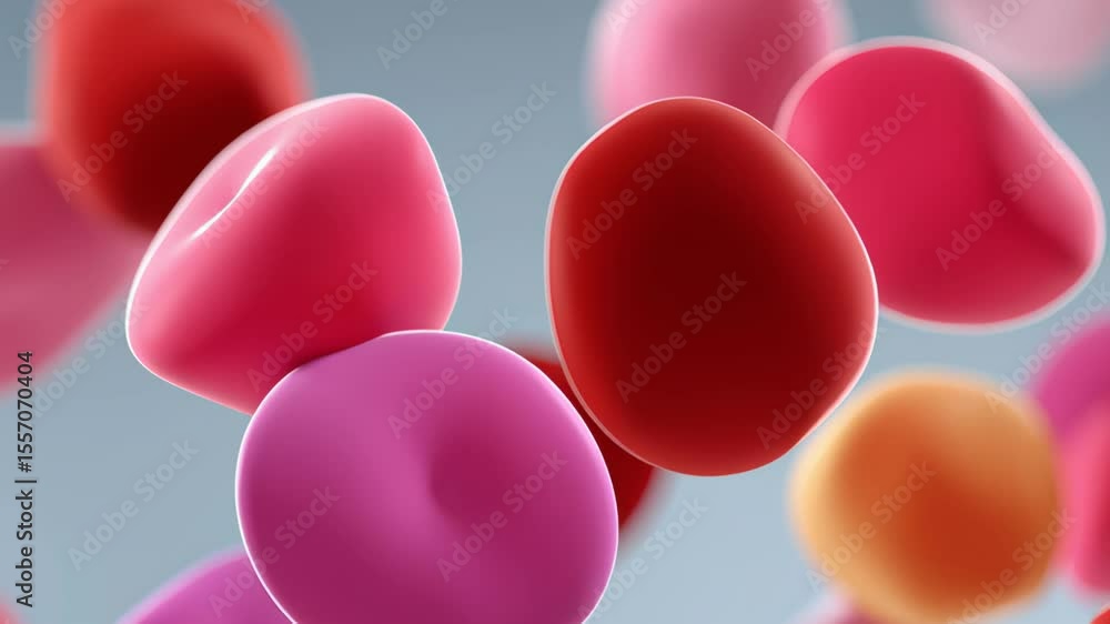 Poster colorful 3d illustration of red and pink blood cells floating in a fluid environment, showcasing the
