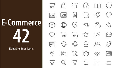 E-Commerce Line Icons, Shopping Cart, Credit Card, Online Payment, Delivery Box, Wishlist, Discount Tag, Mobile Checkout, and More , Editable Formats: AI, EPS, JPG, PNG , Ideal for Both Digital and Pr