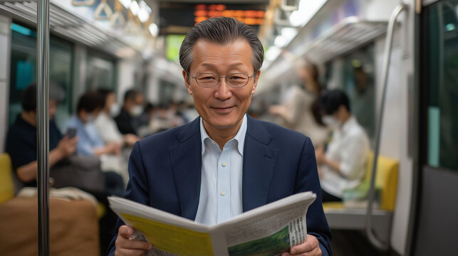 Salaryman reading newspaper on Tokyo subway during commute - Powered by Adobe