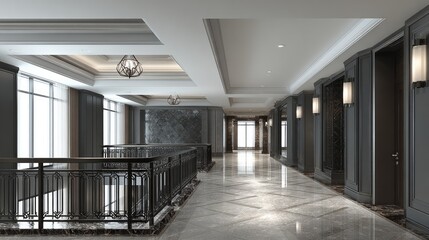 Hallway with chrome railings and muted marble floors echoing palace influence