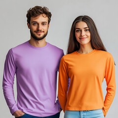 Couple in long sleeve shirts with studio.