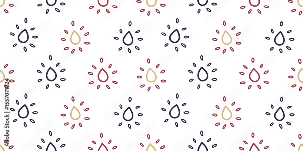 Poster drops and sunlight: a seamless pattern of abstract drops with emanating rays, radiating a vibrant se