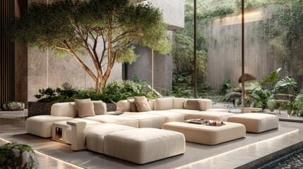 Fototapeta premium Large modular sofa set with speakers placed in a sunlit modern home