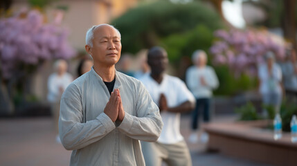 Elderly Neighbors Doing Radio Taiso Exercises in Park