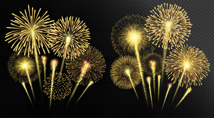 Bright golden fireworks explosion on transparent background. Vector illustration for celebration or festive design purposes.
