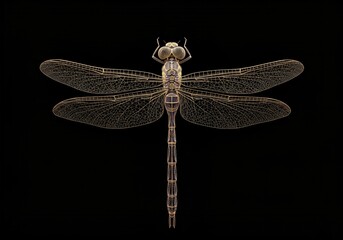 Dragonfly on a black backdrop displays delicate wing details and unique exoskeleton structure with golden hues, insect beauty.