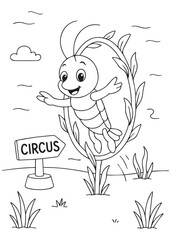 Coloring book shrimp jumping through a circus ring with joy