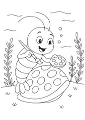 Coloring book shrimp painting spots on a seashell underwater