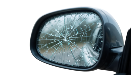 A broken car side mirror displays shattered glass, a reflection of road damage and potential automotive accident consequences, transparent background