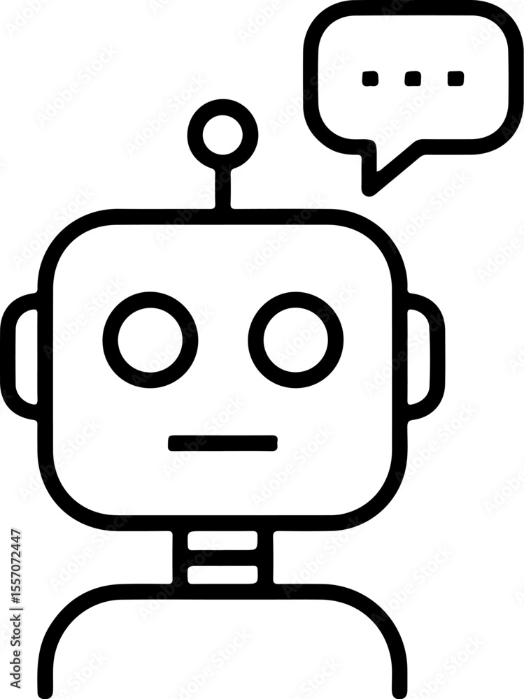 Poster simple line art icon of a robot head with a speech bubble indicating communication