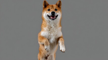 笑顔ではねる柴犬のスタジオポートレート