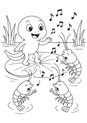 Coloring book shrimp dancing joyfully with friends to music