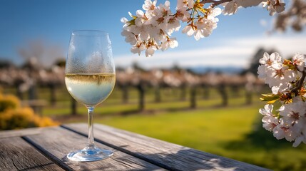 春の陽光に輝く白ワインと咲き誇る桜
