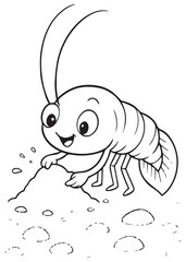 Coloring book shrimp build something on the ground with a stick.