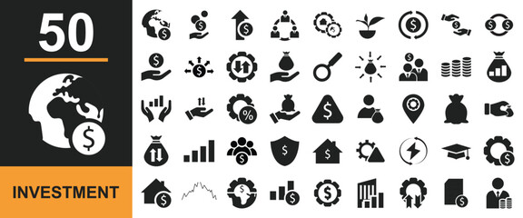Investment icon set. Economy, financial gain, interest investor, asset, risk management, and etc.   Vector illustration . Isolated on white and black background. EPS 10