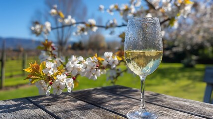 春の陽光に輝く白ワインと咲き誇る桜