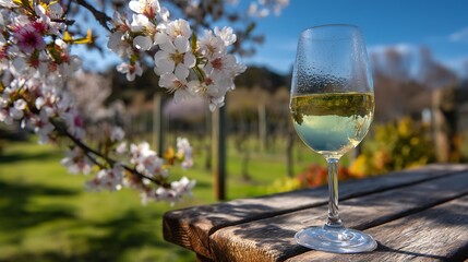 春の陽光に輝く白ワインと咲き誇る桜