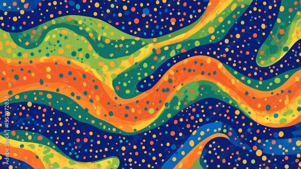 Poster vibrant abstract painting with colorful wavy lines and dot patterns
