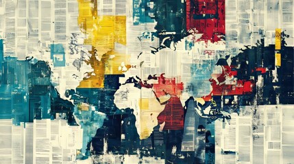 Abstract world map with newspaper texture and color splashes illustration