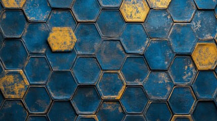 Abstract golden geometric hexagon pattern on blue grunge background