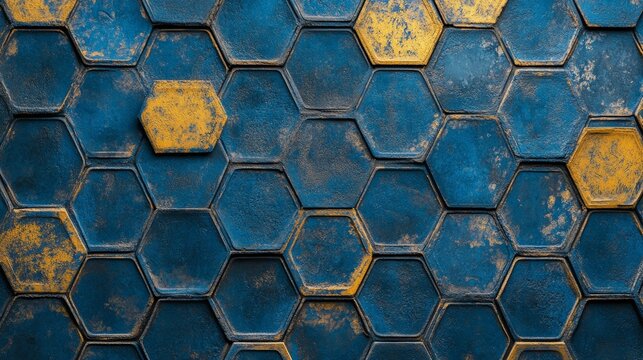 Abstract golden geometric hexagon pattern on blue grunge background