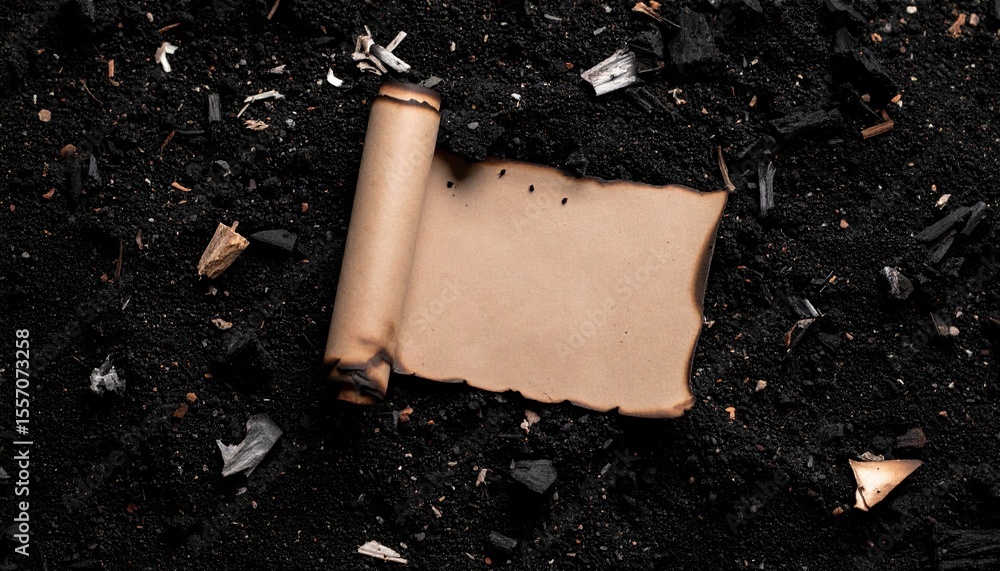 Aufkleber abstract flat lay composition featuring a sealed scroll buried in ash providing ample copy space ide