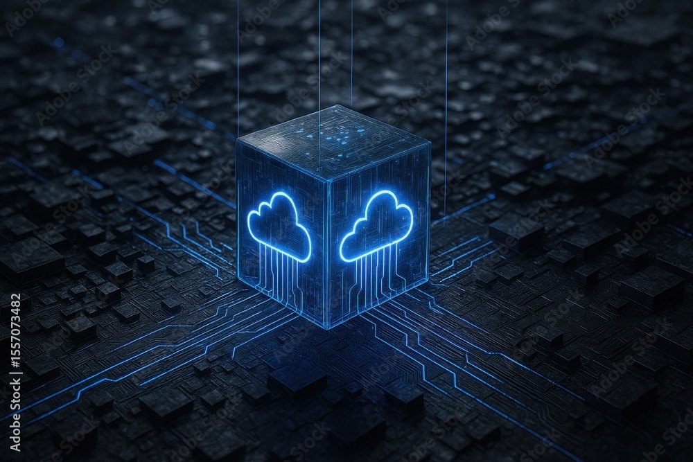 Fototapete Cloud Computing in the Digital Age: An artistic rendering showcases a glowing digital cloud icon at the center, seamlessly connected to a complex circuit board.