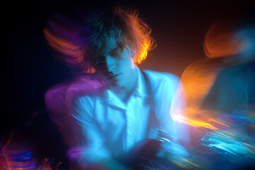 man with holographic light blur motion Photo Effect